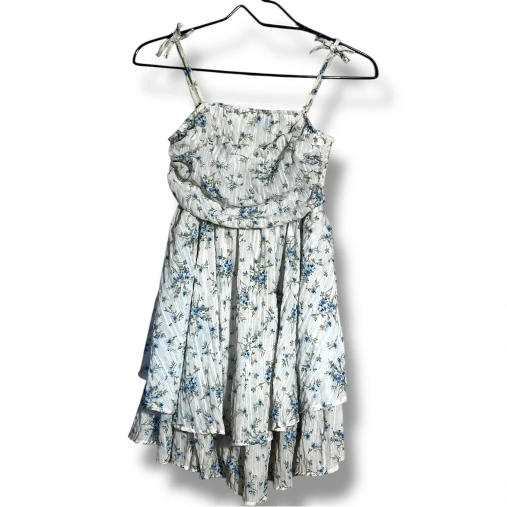 Unbranded White and Blue Floral Layered Tie Straps Empire Waist Babydoll Dress